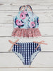 Flower Checked Printed Two Piece Girls Swim Set: 8-9T