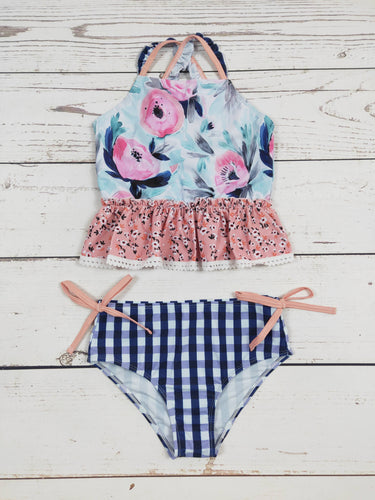 Flower Checked Printed Two Piece Girls Swim Set: 8-9T