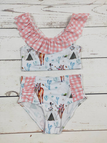Horse Cactus Printed Two Piece Girls Summer Swim Set: 7-8T