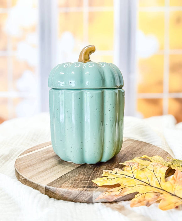 *New* Large Wood Wick Ceramic Pumpkin Jar Soy Candles: Pastel Green