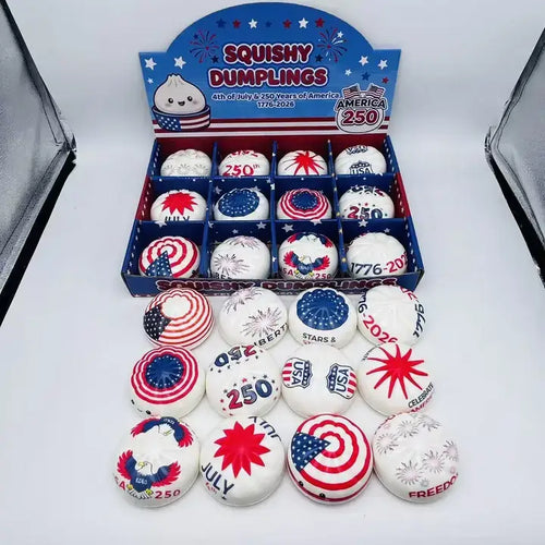 4th of July Dumpling Shape Squishy Stress Relief Toy: USA Theme Dumpling Squishy Set A with Steamer Display Box / ONE SIZE