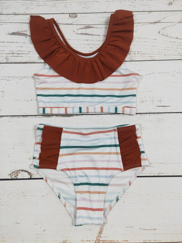 Brown Stripe Two Piece Girls Summer Swimsuit: 7-8T