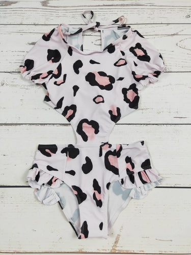 Cheetah Printed One Piece Girls Summer Swimwear: 8-9T