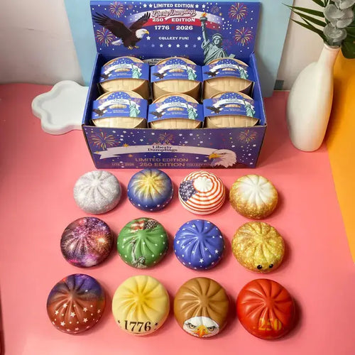 4th of July Dumpling Shape Squishy Stress Relief Toy: USA Theme Dumpling Squishy Set A with Steamer Display Box / ONE SIZE