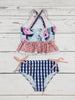 Flower Checked Printed Two Piece Girls Swim Set: 8-9T