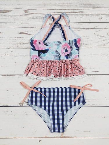 Flower Checked Printed Two Piece Girls Swim Set: 8-9T