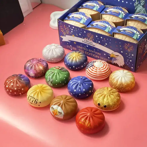 4th of July Dumpling Shape Squishy Stress Relief Toy: USA Theme Dumpling Squishy Set A with Steamer Display Box / ONE SIZE